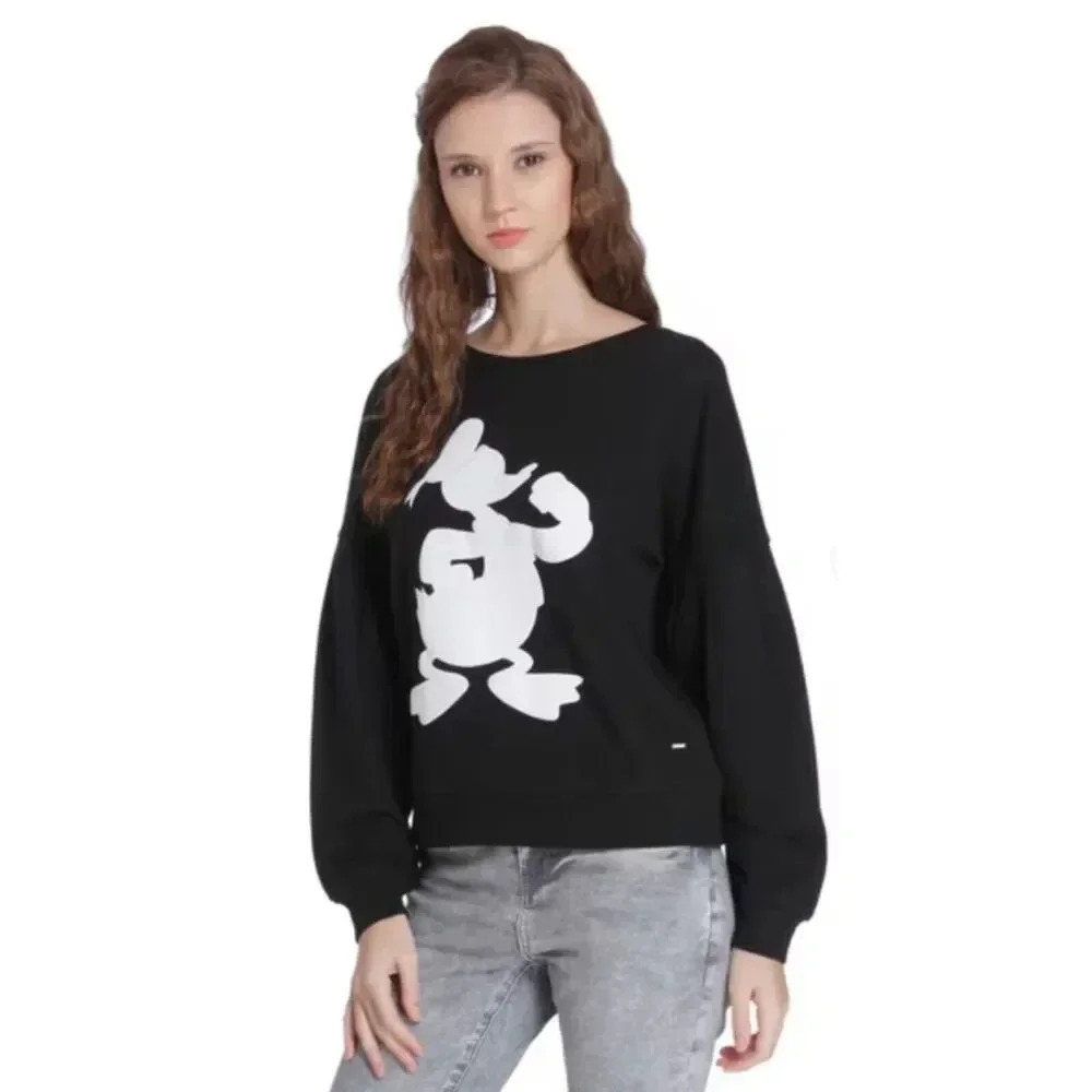 Only Disney Donald Duck womens Medium sweatshirt crewneck pullover black lace up